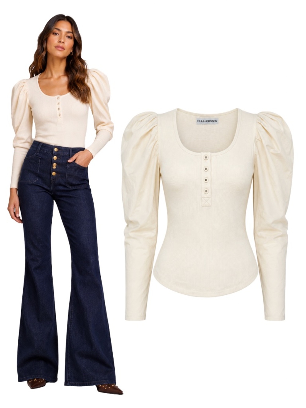 Ulla Johnson Joanne Ribbed Jersey Poplin Puff Sleeve Top Beige Size S